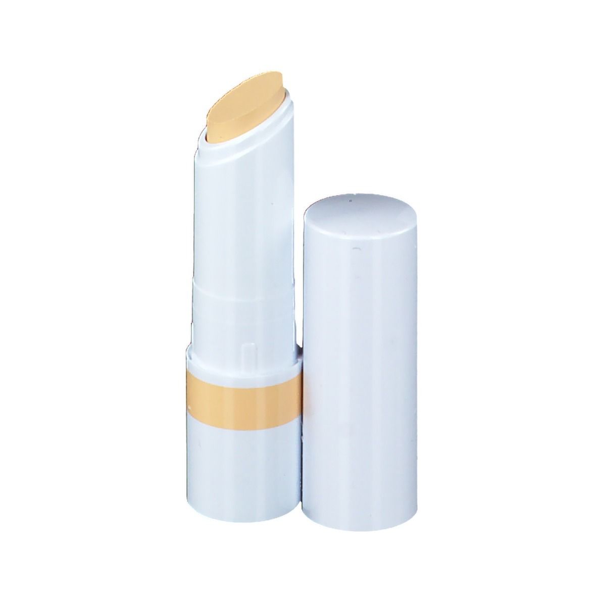 Gelber Concealer-Stick, weißer Stift mit gelbem Produkt. Deckel daneben.