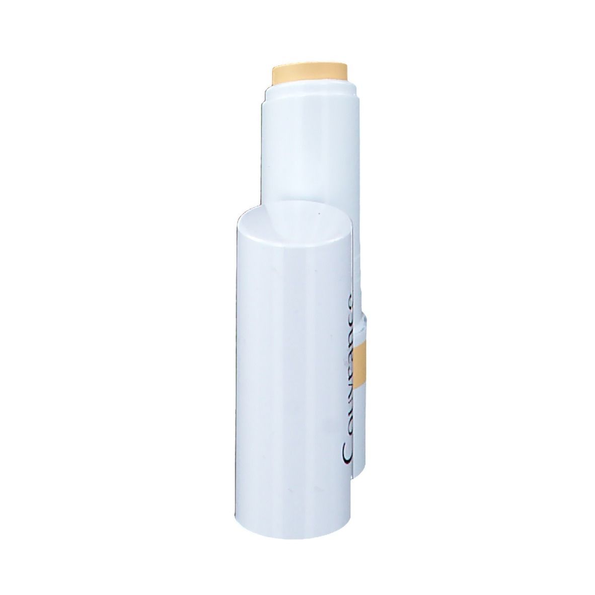 Gelber Concealer-Stick, weißer Stift mit gelbem Produkt. Deckel daneben.