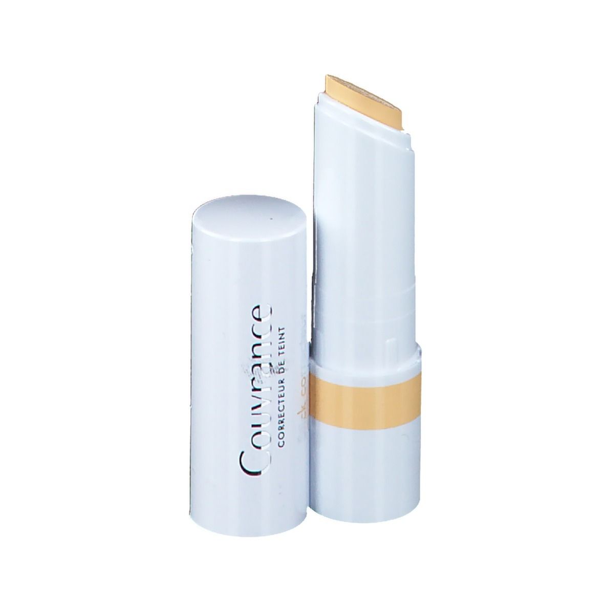 Gelber Concealer-Stick, weißer Stift mit gelbem Produkt. Deckel daneben.