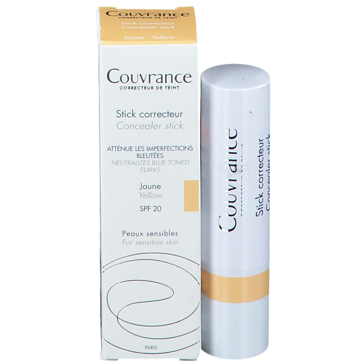 Gelber Concealer-Stick, weißer Stift mit gelbem Produkt. Deckel daneben.
