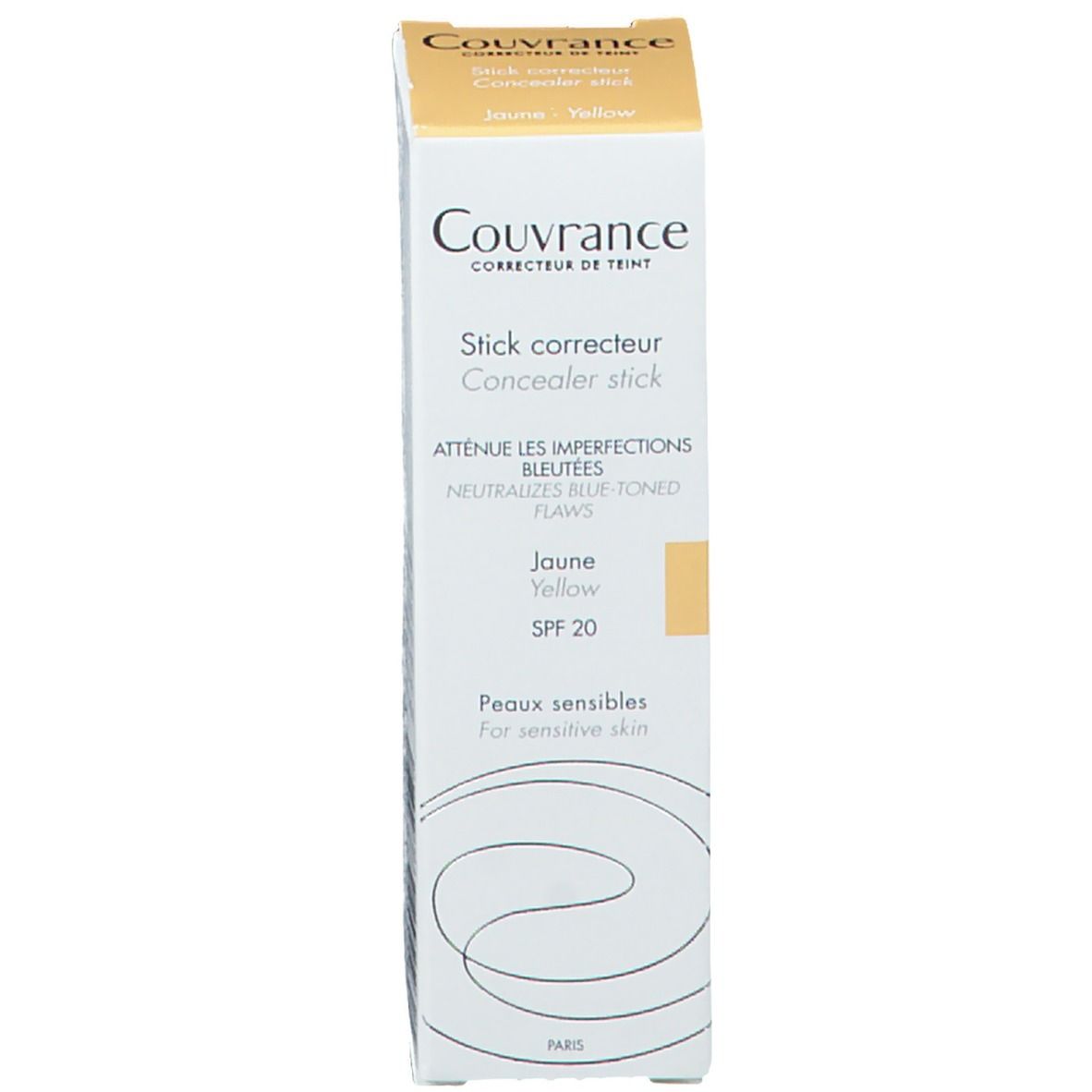 Kartonverpackung mit gelbem Concealer-Stick. Text: Couvrance, Stick correcteur, SPF 20.