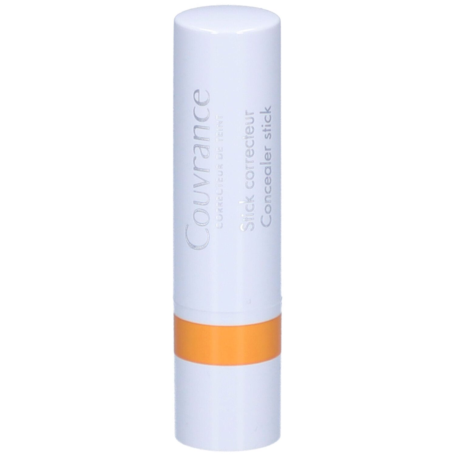 Stick correcteur blanc avec bande orange. Texte: Couvrance, Stick correcteur.