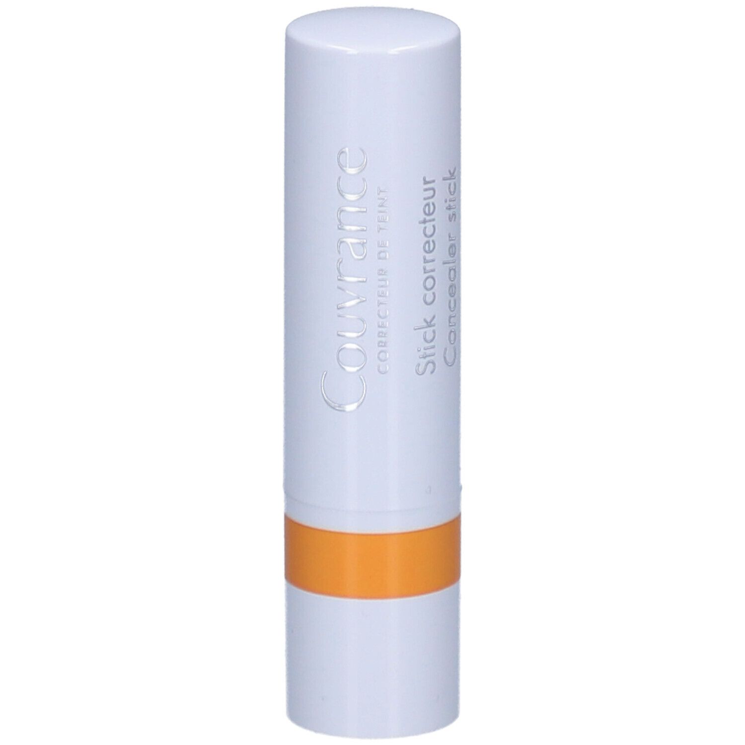 Stick correcteur blanc avec bande orange. Texte: Couvrance, Stick correcteur.