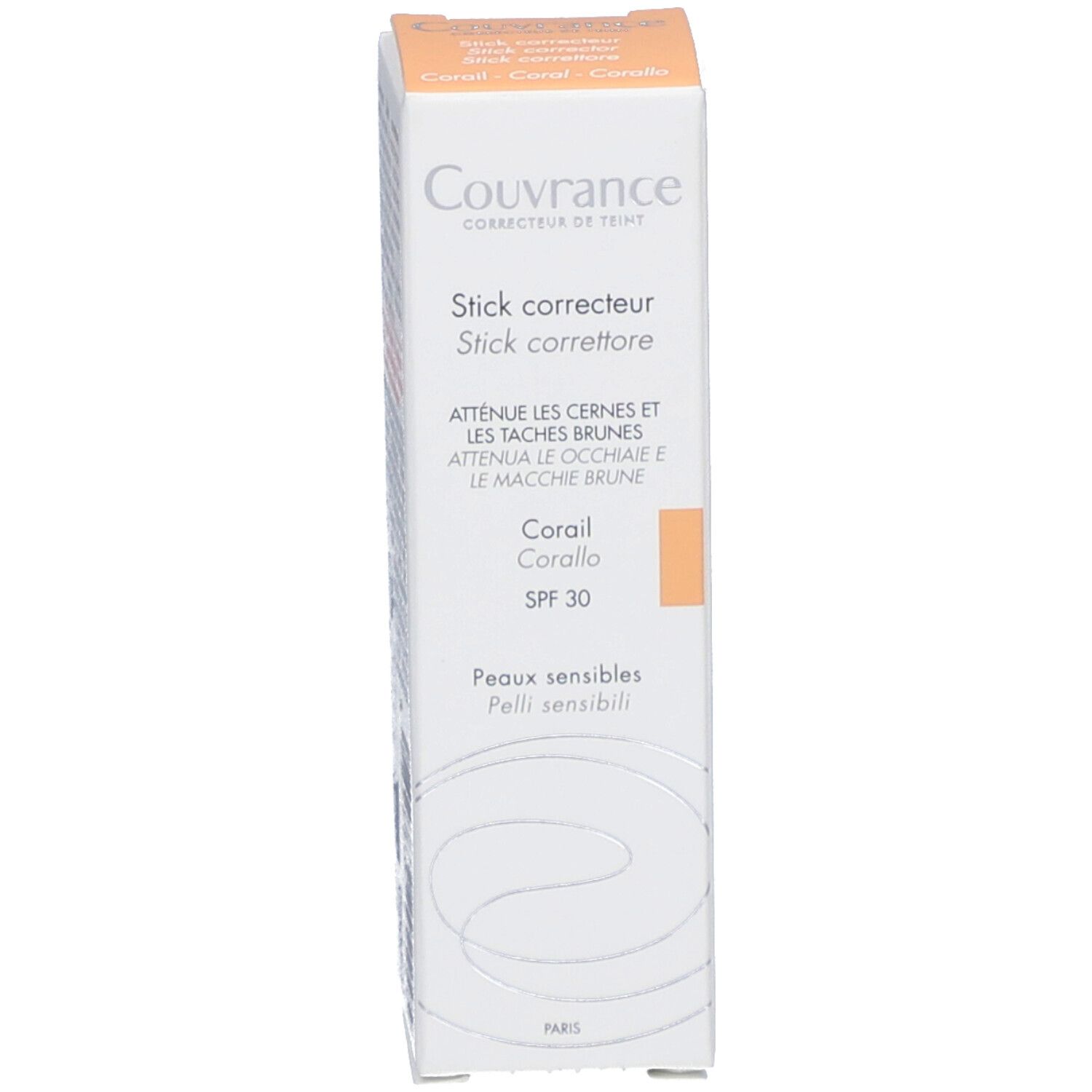 Boîte et stick correcteur. Texte: Couvrance, Stick correcteur, Corail, SPF 30, peaux sensibles.