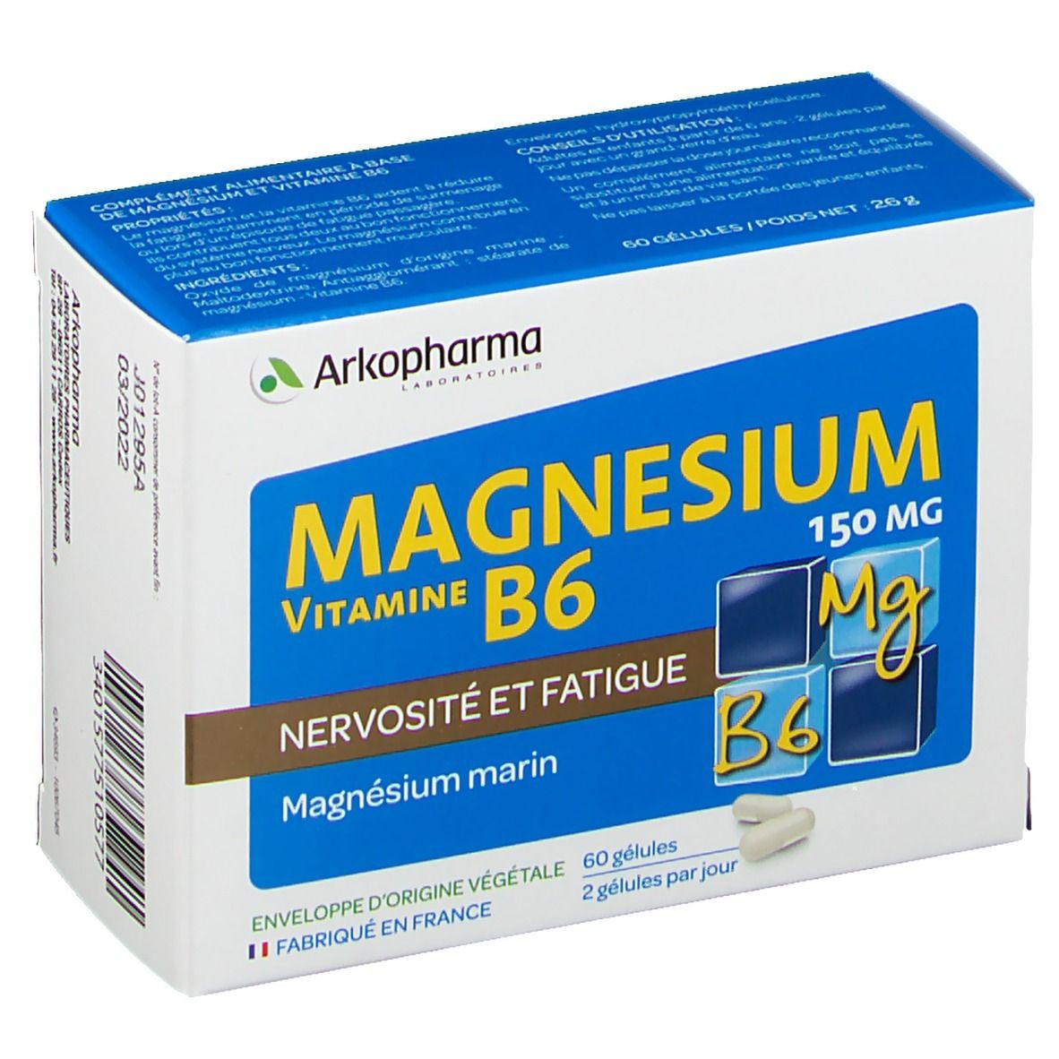 Boîte de comprimés "Magnesium Vitamine B6" d'Arkopharma. Contient 60 gélules. Inscription "Fabriqué en France".