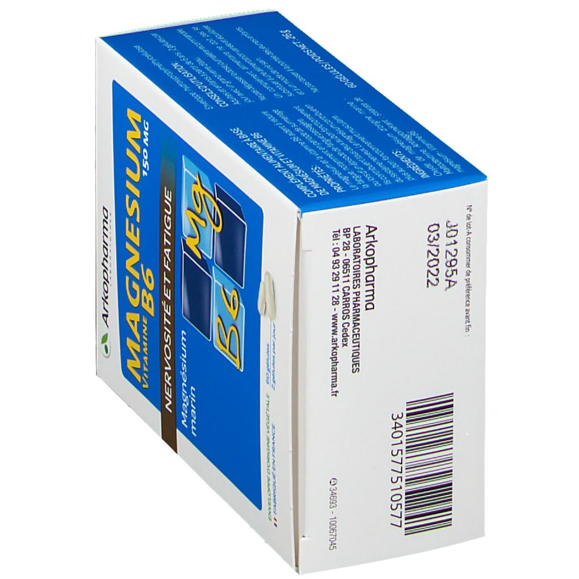 Boîte "Magnesium Vitamine B6" d'Arkopharma. Vue latérale avec informations nutritionnelles.