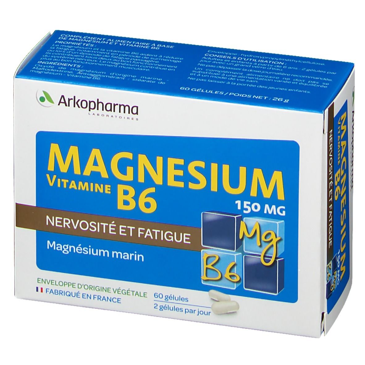Boîte "Magnesium Vitamine B6" d'Arkopharma. Vue de face avec nom du produit et logo.