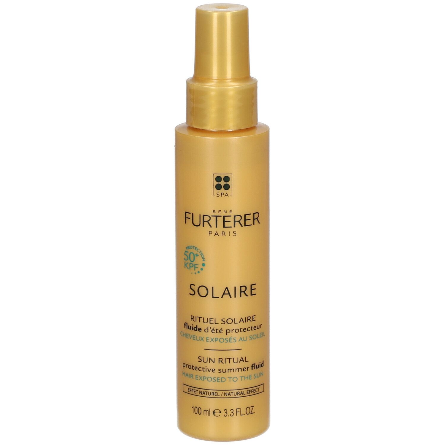Gelbliche Sprühflasche mit Aufschrift SOLAIRE und FURTERER PARIS. Enthält 50+ SPF. 100 ml.