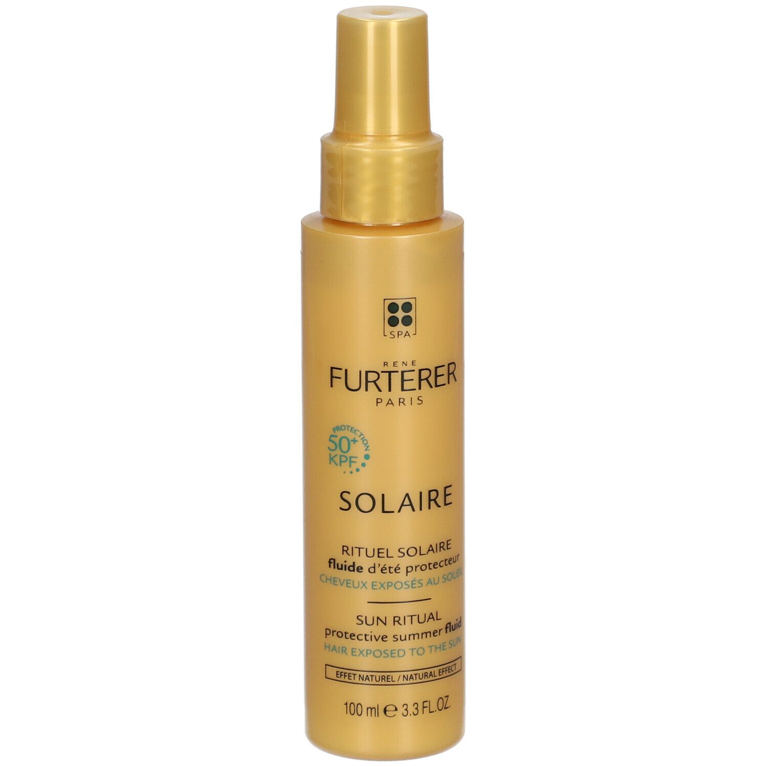 Gelbliche Sprühflasche mit Aufschrift SOLAIRE und FURTERER PARIS. Enthält 50+ SPF. 100 ml.