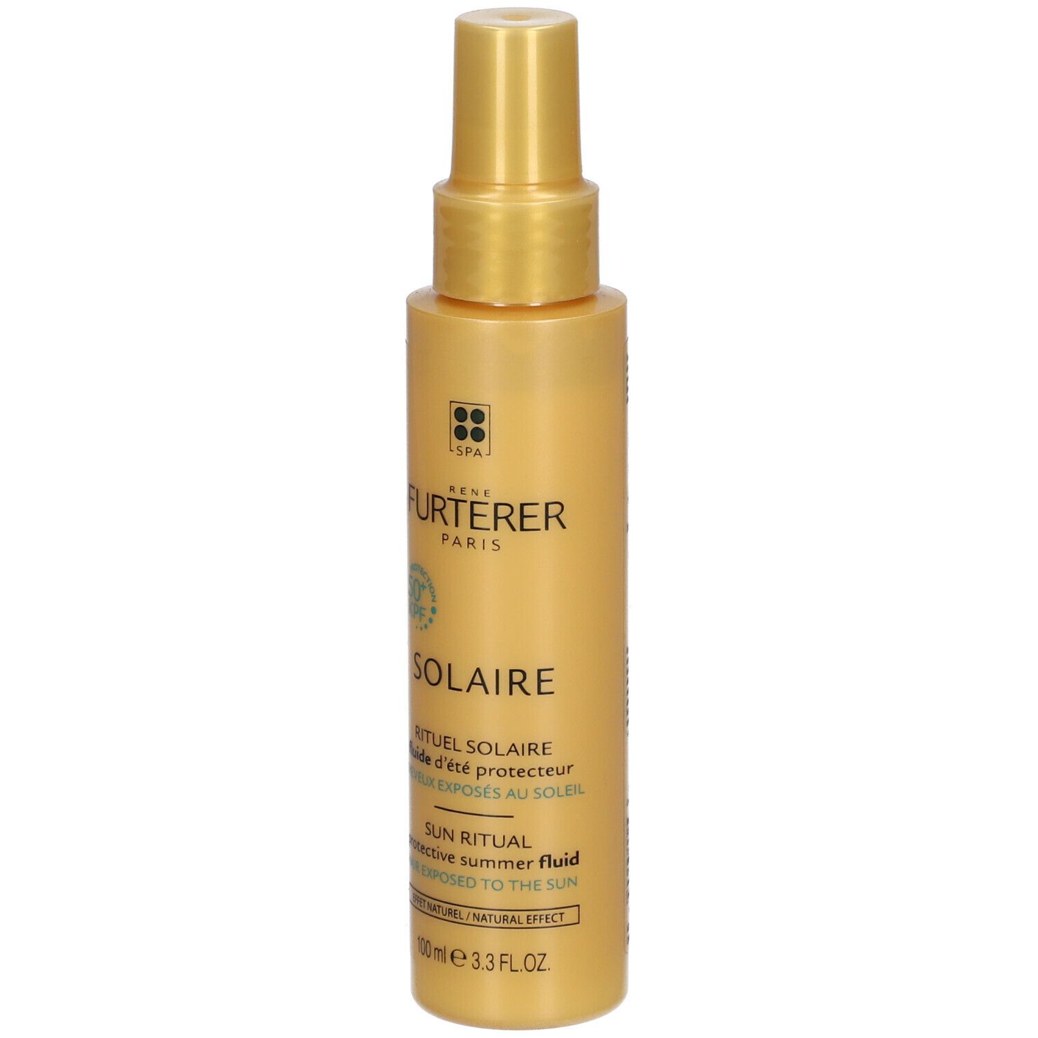 Gelbliche Sprühflasche mit Aufschrift SOLAIRE und FURTERER PARIS. Enthält 50+ SPF. 100 ml.