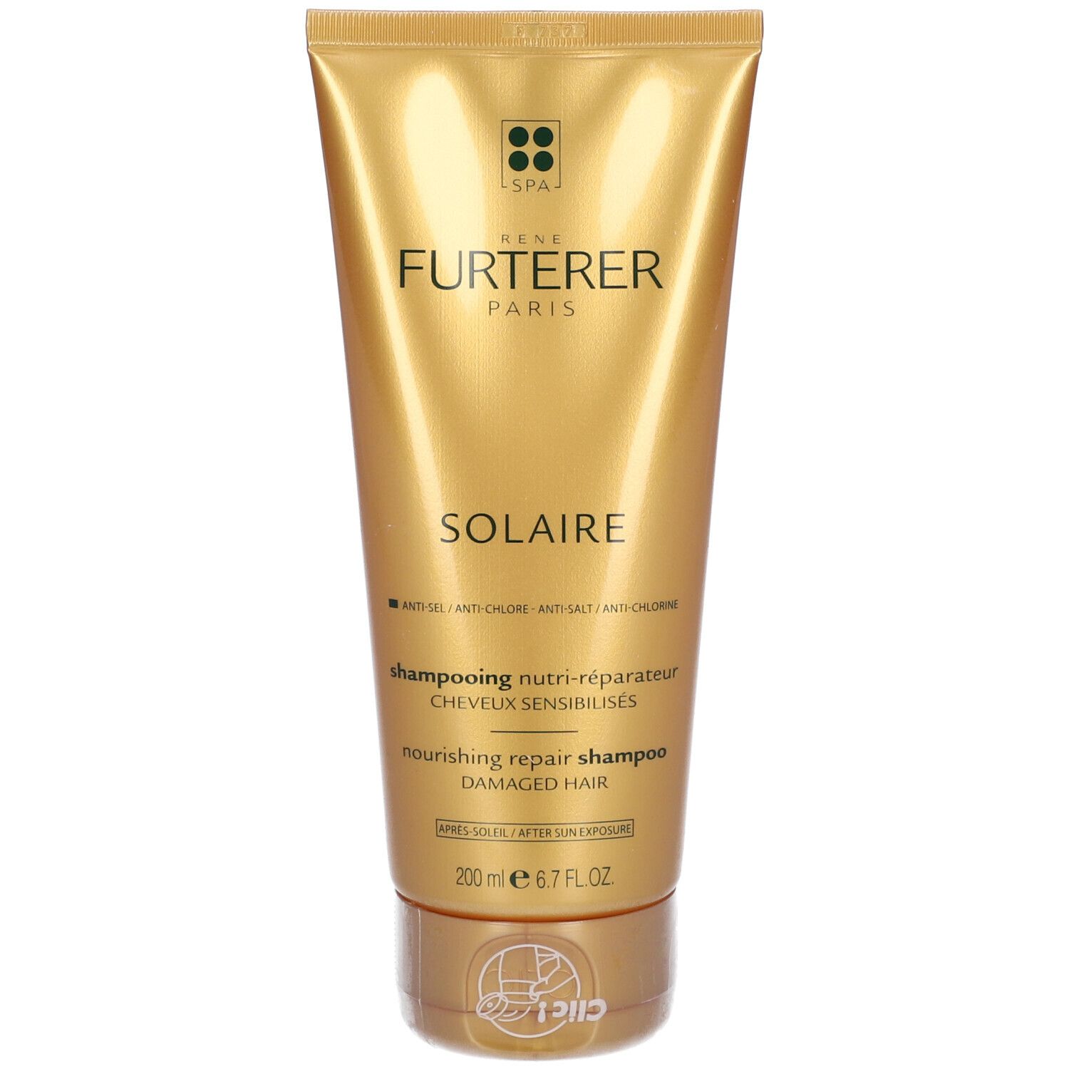 Goldfarbene Tube mit Shampoo. Aufschrift: Rene Furterer Paris, Solaire. Text: Shampooing nutri-réparateur, Cheveux sensibilisés.