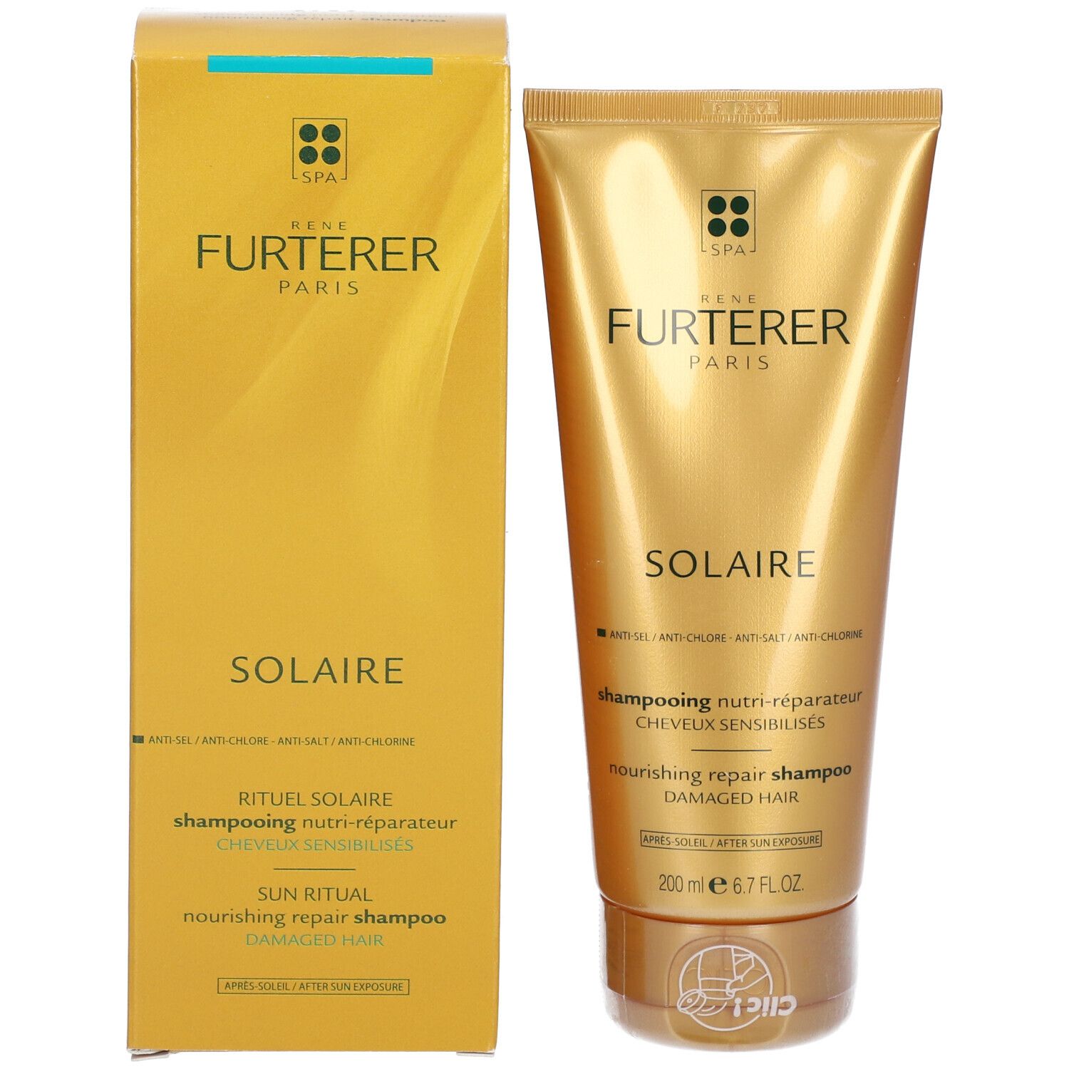 Goldfarbene Tube und Schachtel Shampoo. Aufschrift: Rene Furterer Paris, Solaire. Text: Shampooing nutri-réparateur.