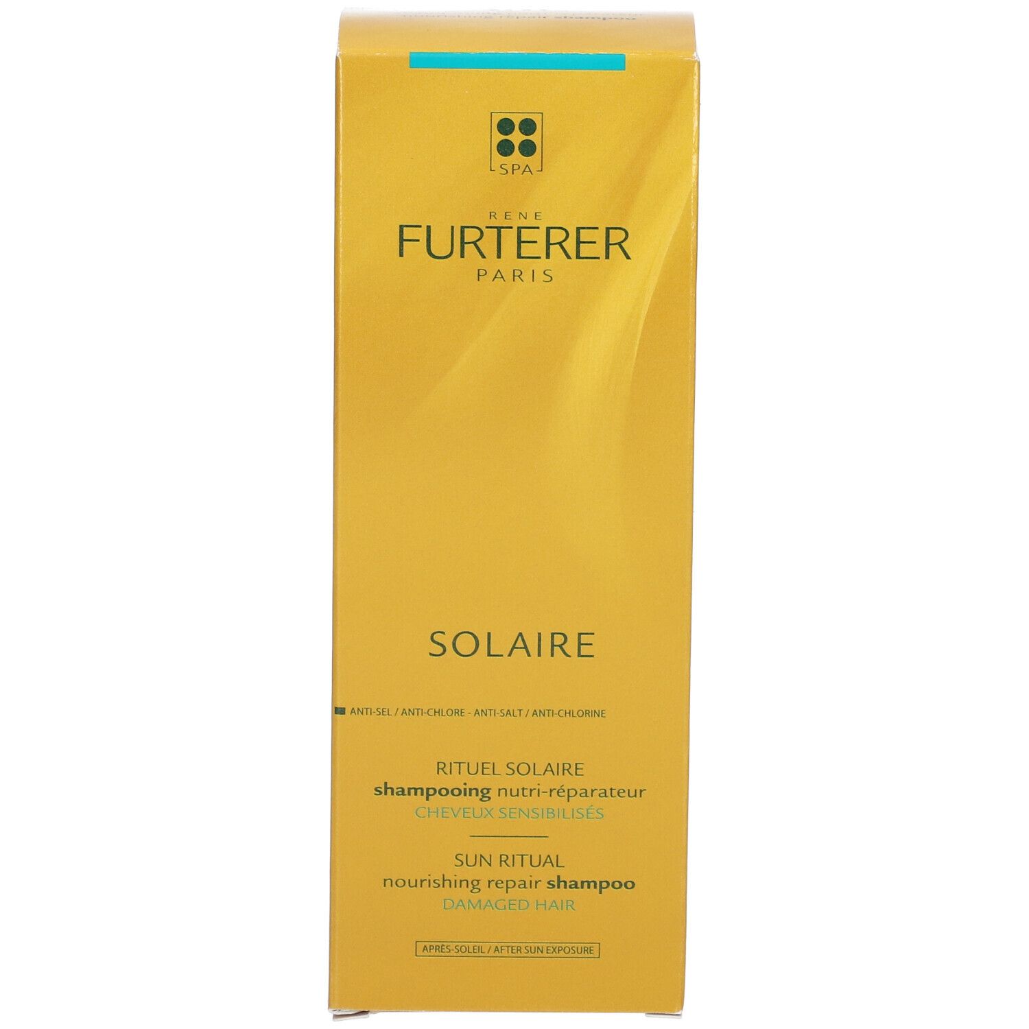 Goldfarbene Schachtel mit Shampoo. Aufschrift: Rene Furterer Paris, Solaire. Text: Rituel Solaire, Shampooing nutri-réparateur.