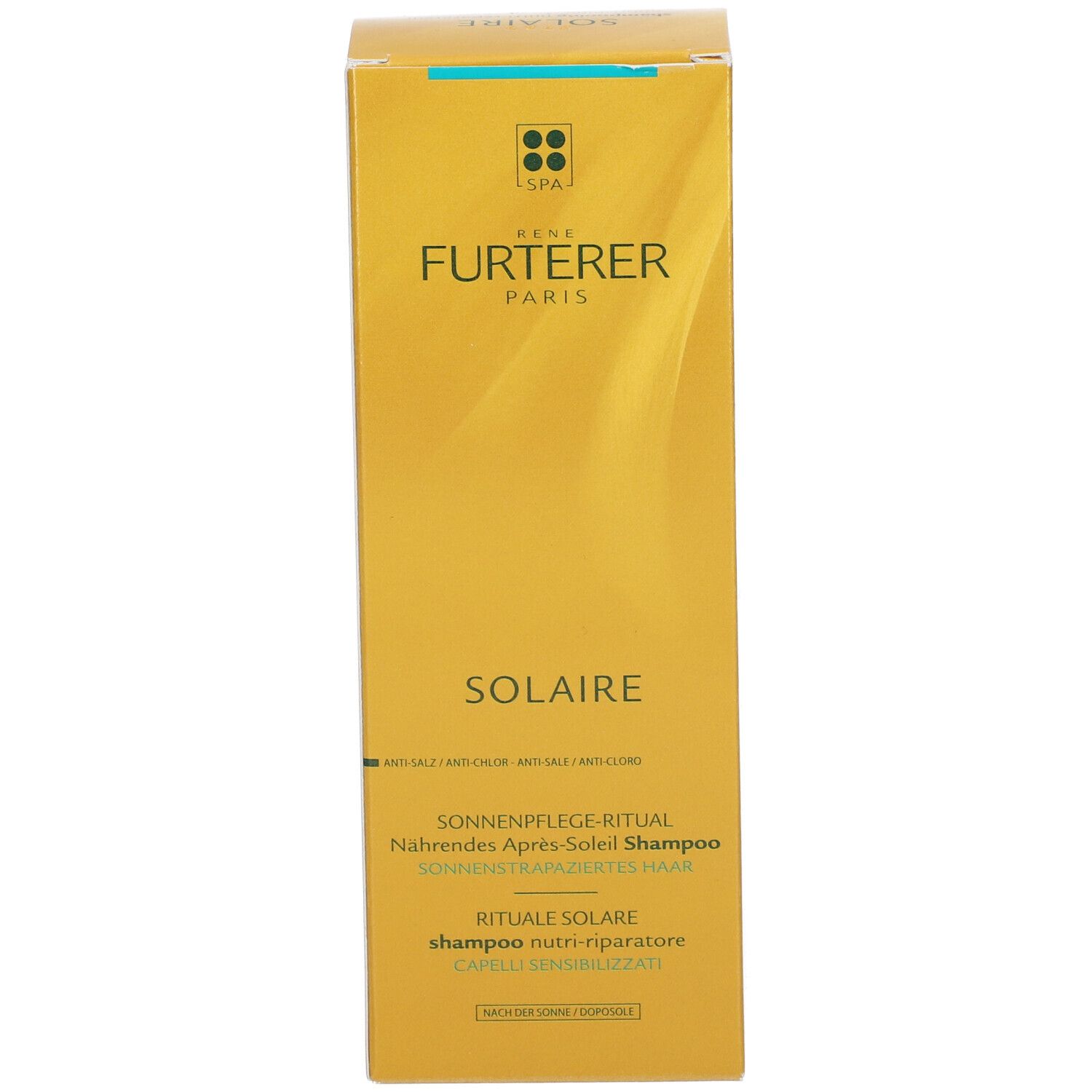 Goldfarbene Schachtel mit Shampoo. Aufschrift: Rene Furterer Paris, Solaire. Text: Sonnenpflege-Ritual, Nährendes Après-Soleil Shampoo.