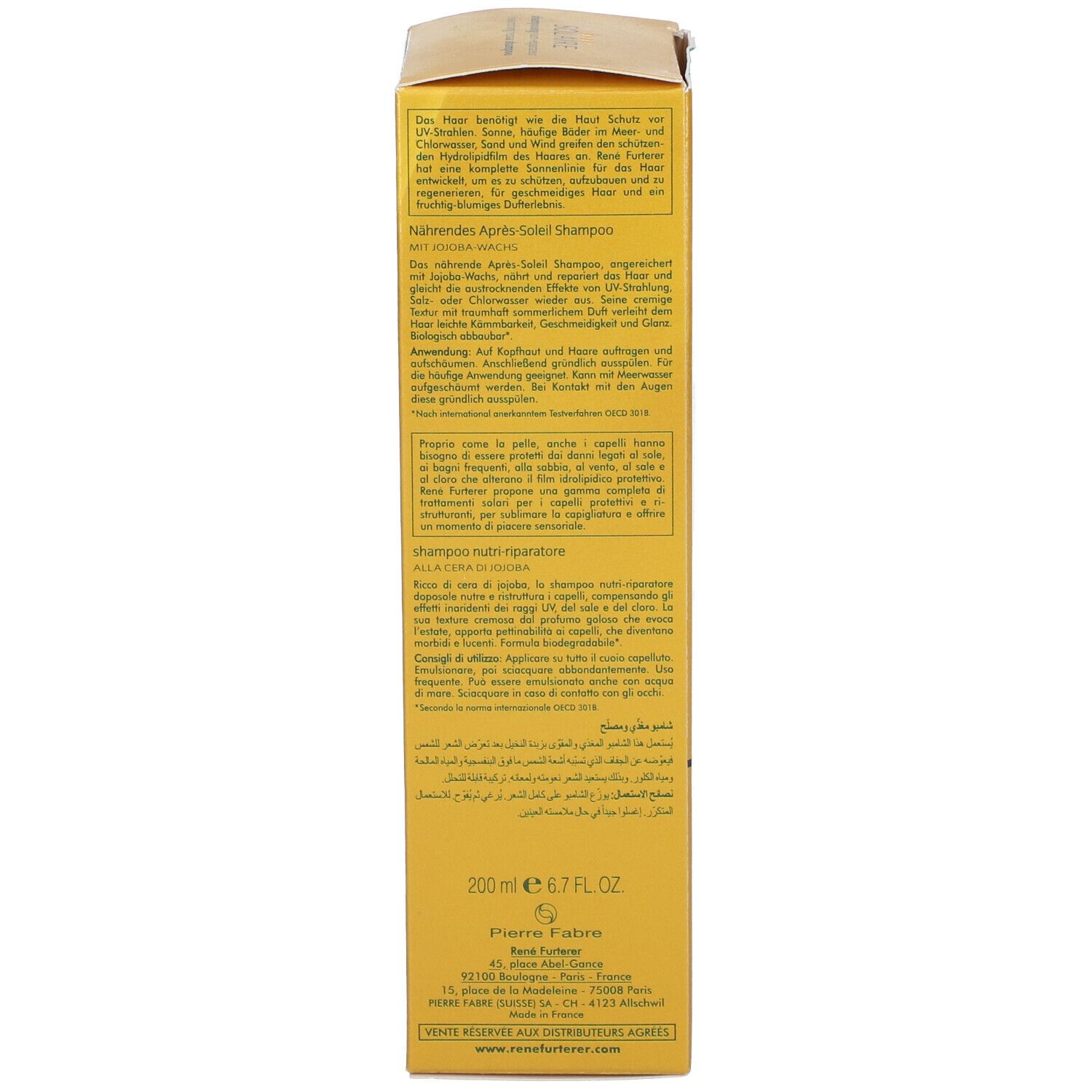 Rückseite einer goldfarbenen Schachtel mit Shampoo. Text in mehreren Sprachen. Herstellerinformationen und Logo.