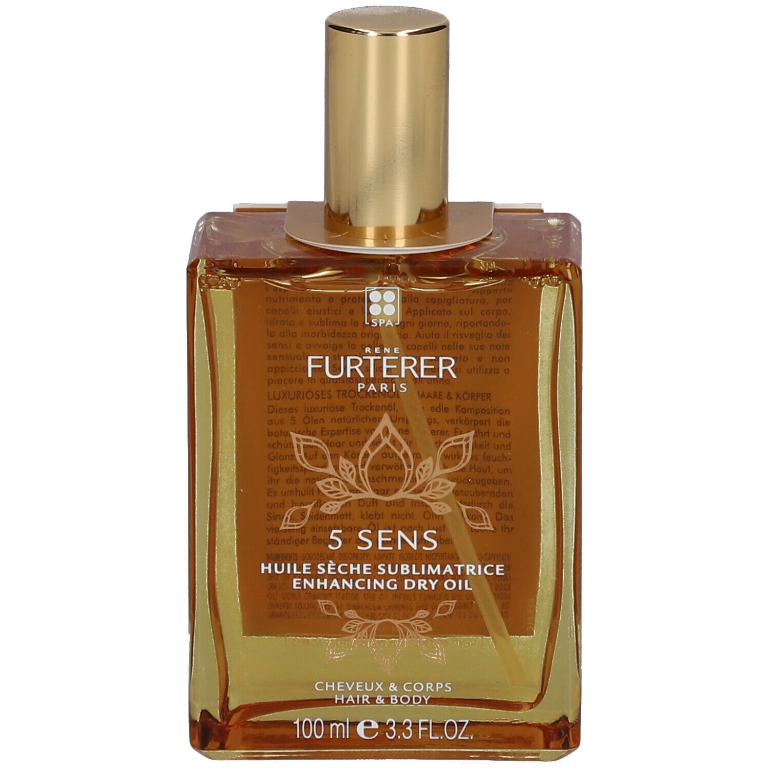 Flacon carré avec bouchon doré. Inscription: Rene Furterer, 5 Sens, Huile Seche Sublimatrice. 100 ml.