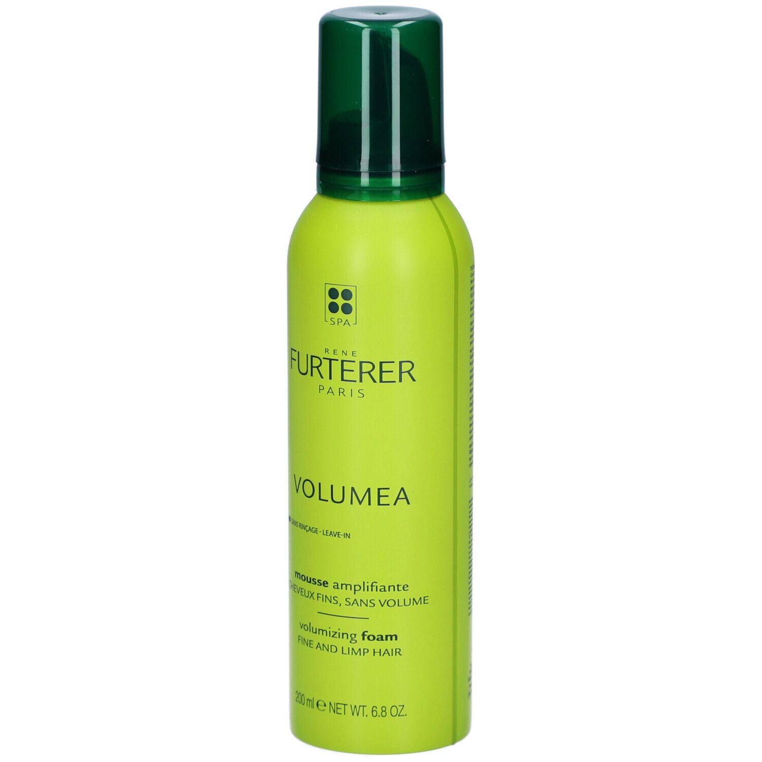Flacon vert avec produit. Inscription: Rene Furterer Paris, Volumea. Mousse amplifiante. Mousse volumisante. 200 ml.