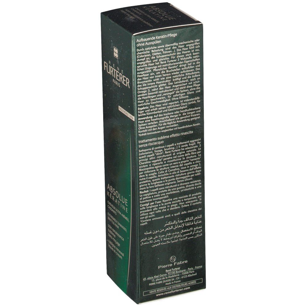 Boîte vert foncé avec texte. Inscription: RENE FURTERER PARIS, ABSOLUE KERATINE. Logo. Texte multilingue.