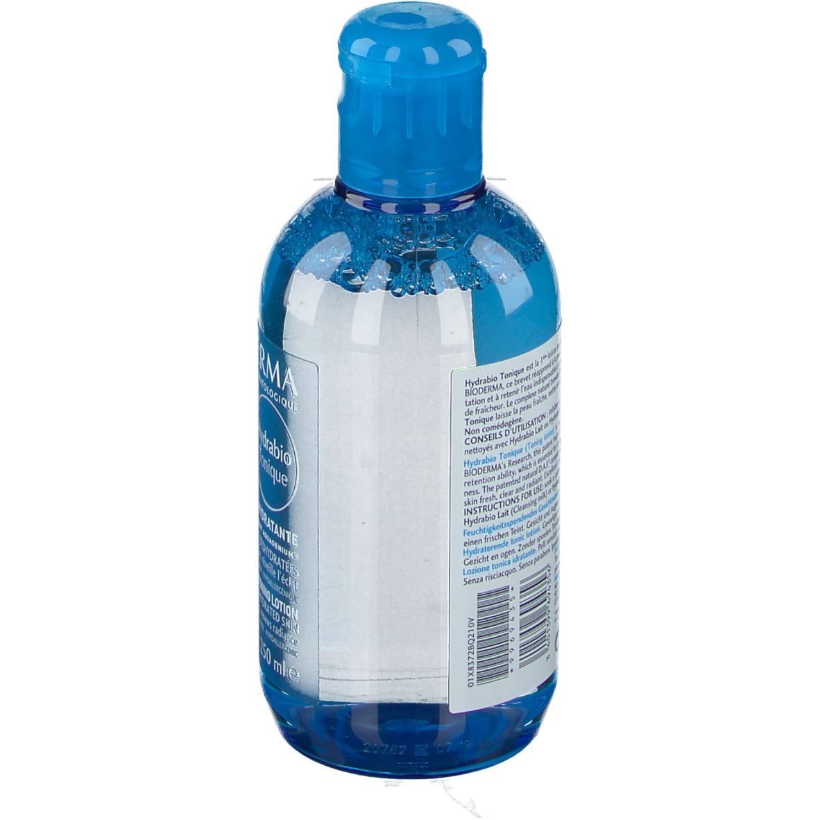 Rückansicht der blauen Flasche. Aufkleber mit Produktinformationen. Herstellerinformationen und Barcode.