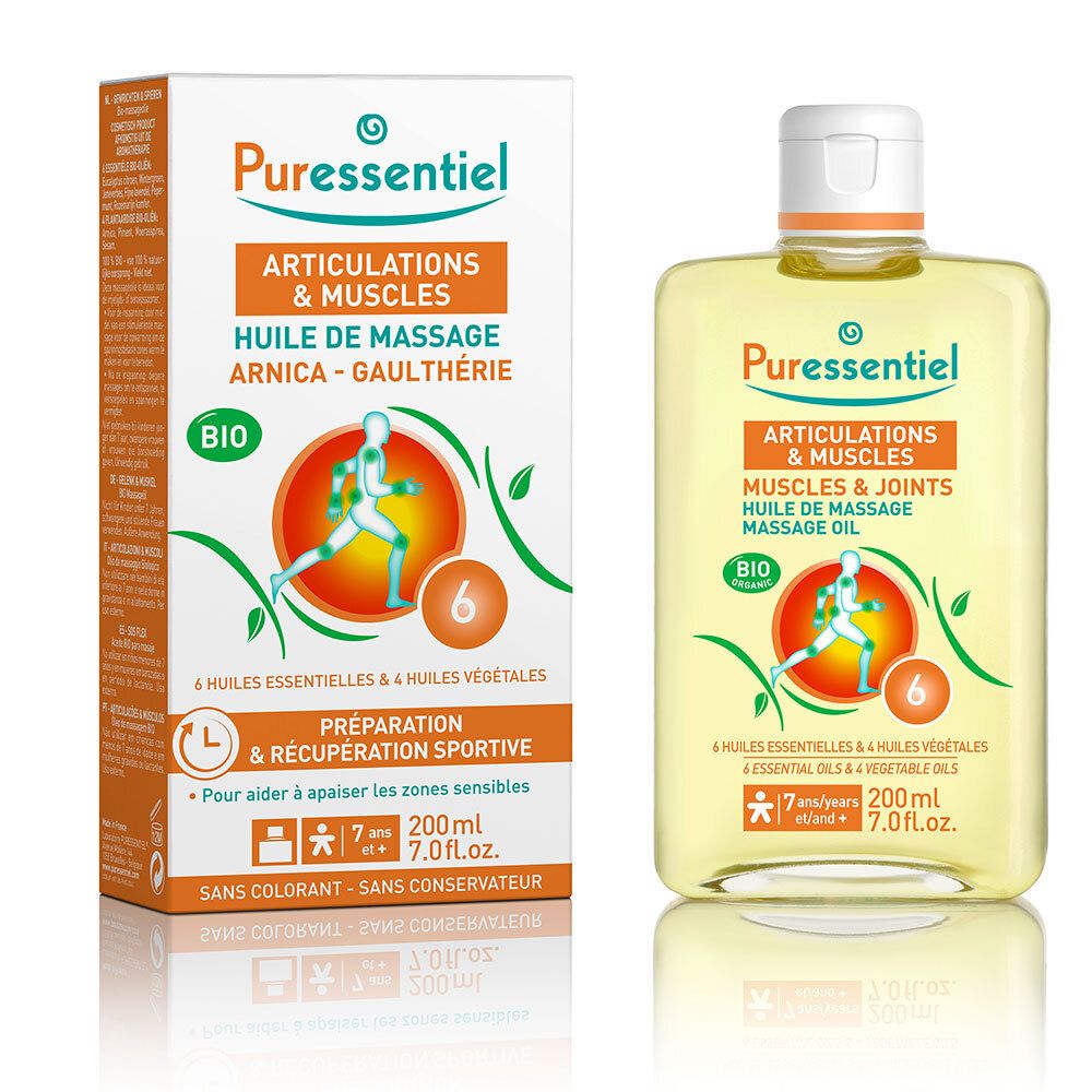 Flasche und Verpackung von Puressentiel Bio-Massageöl. Aufschrift: Articulations & Muscles, Huile de Massage, Bio.
