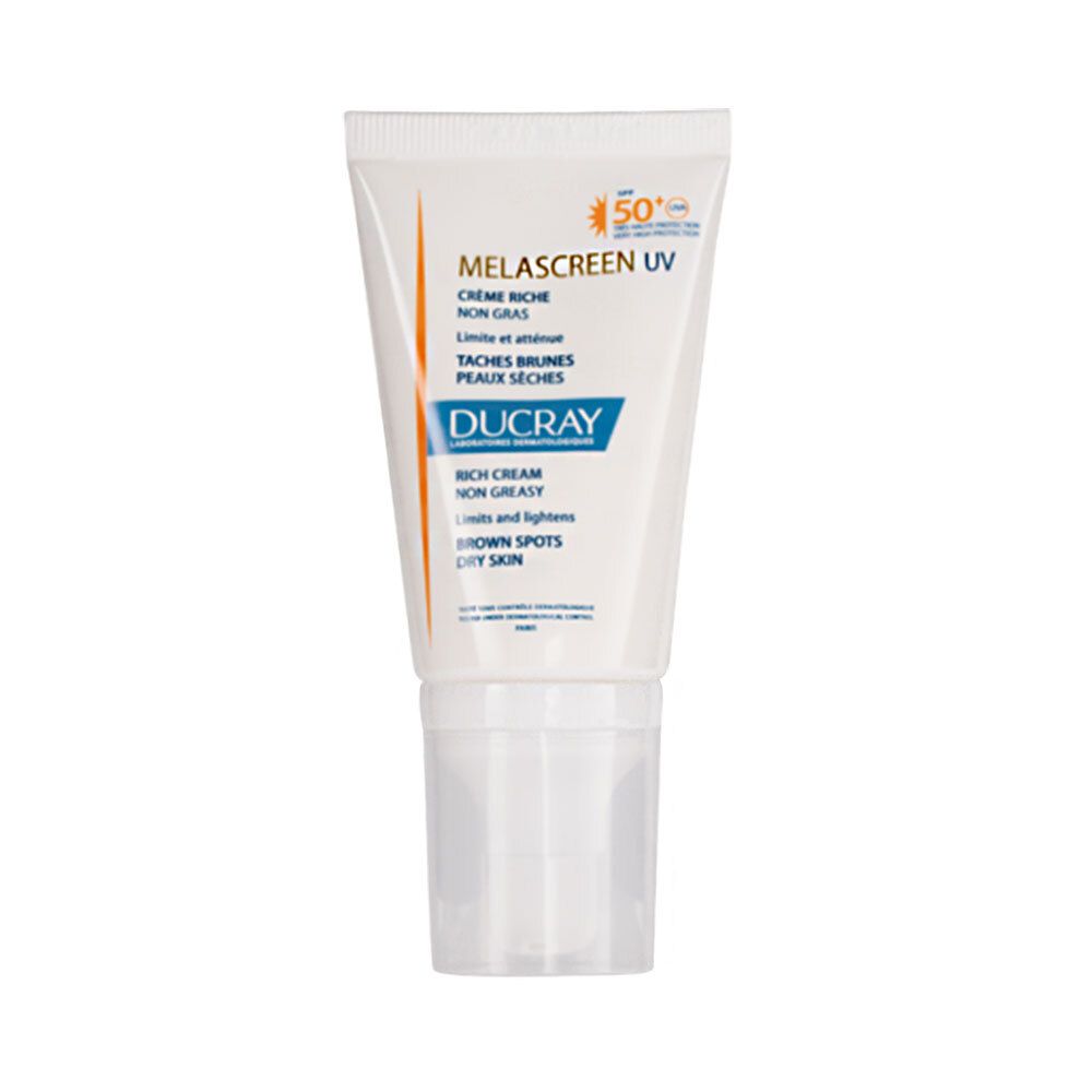 Weiße Tube mit Ducray Melascreen UV Creme. Text: Creme Riche, Non Gras, Taches Brunes, Peaux Seches. LSF 50+.