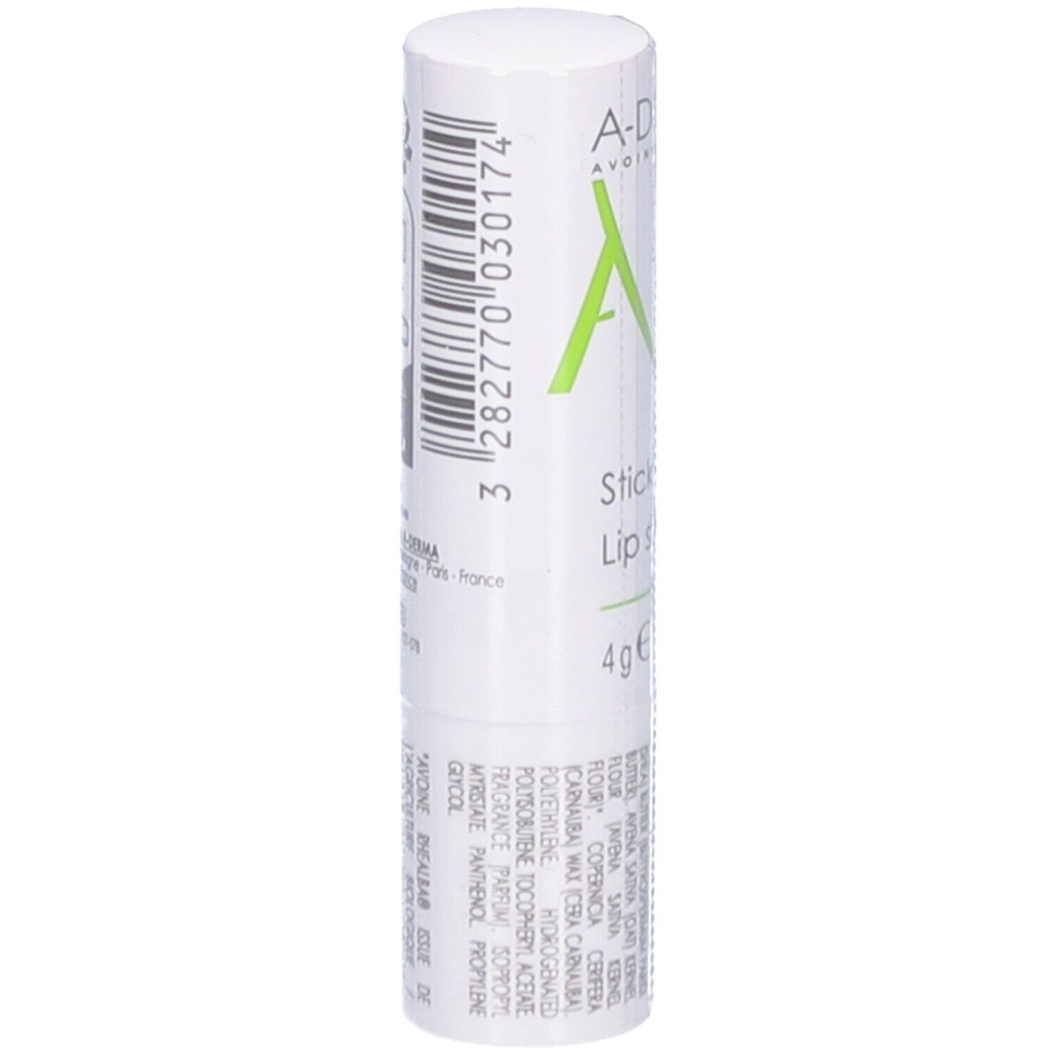 Rückseite des Lippenpflegestifts. Enthält Informationen und Inhaltsstoffe. Mit Barcode.