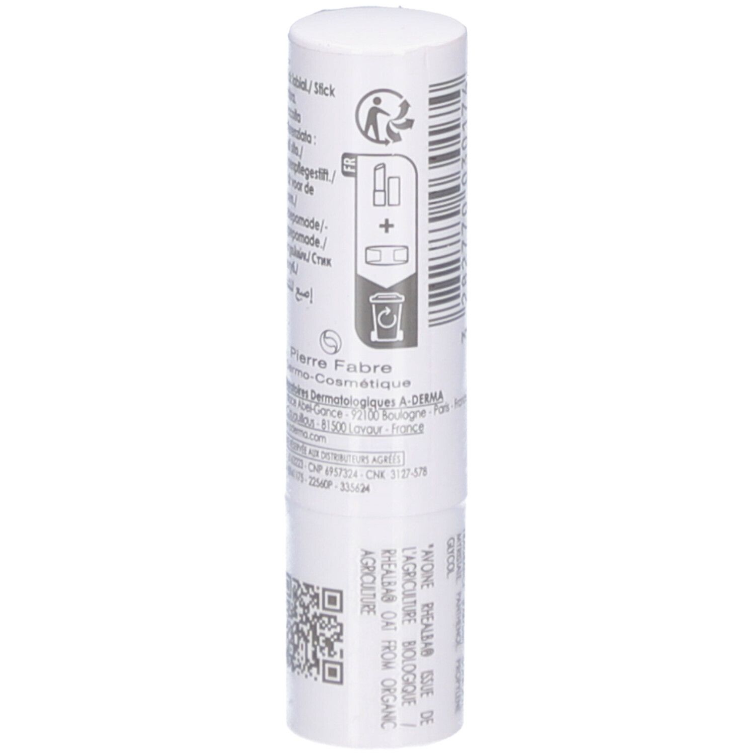 Rückseite des Lippenpflegestifts. Enthält Informationen und Inhaltsstoffe. Mit Barcode.