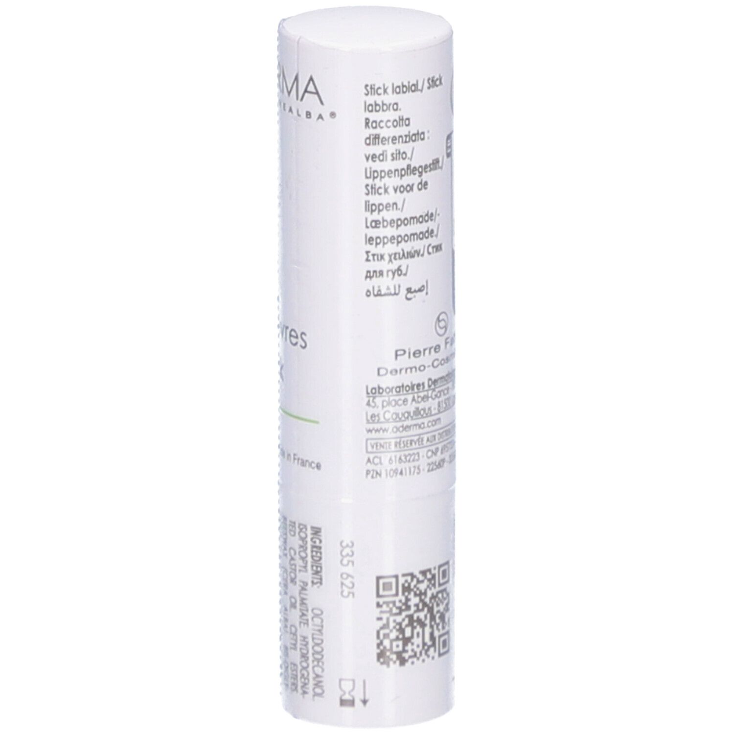 Rückseite des Lippenpflegestifts. Enthält Informationen und Inhaltsstoffe. Mit Barcode.
