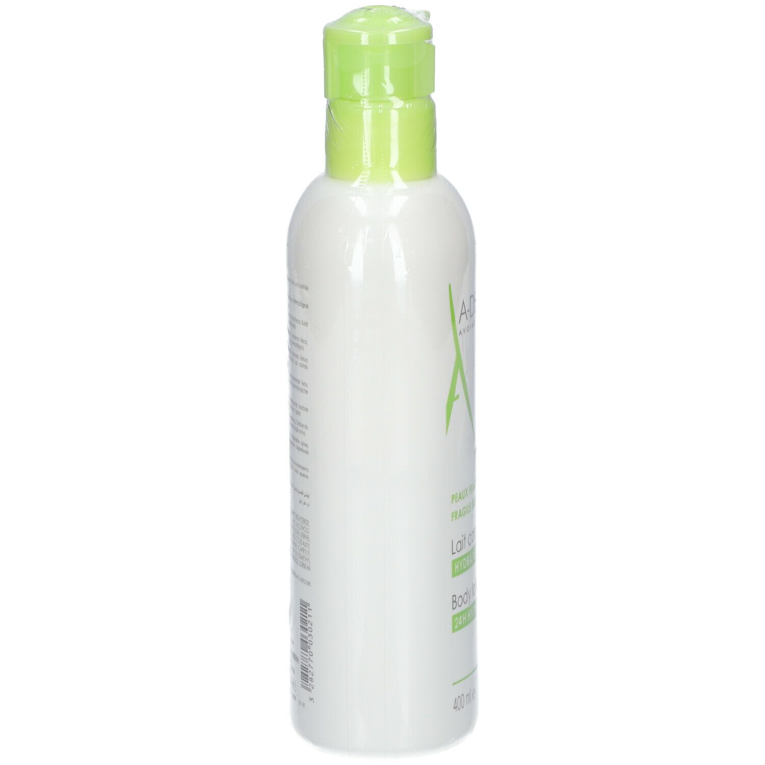 Seitenansicht der weißen Flasche mit grünem Pumpkopf in Plastikfolie. A-Derma Logo sichtbar.