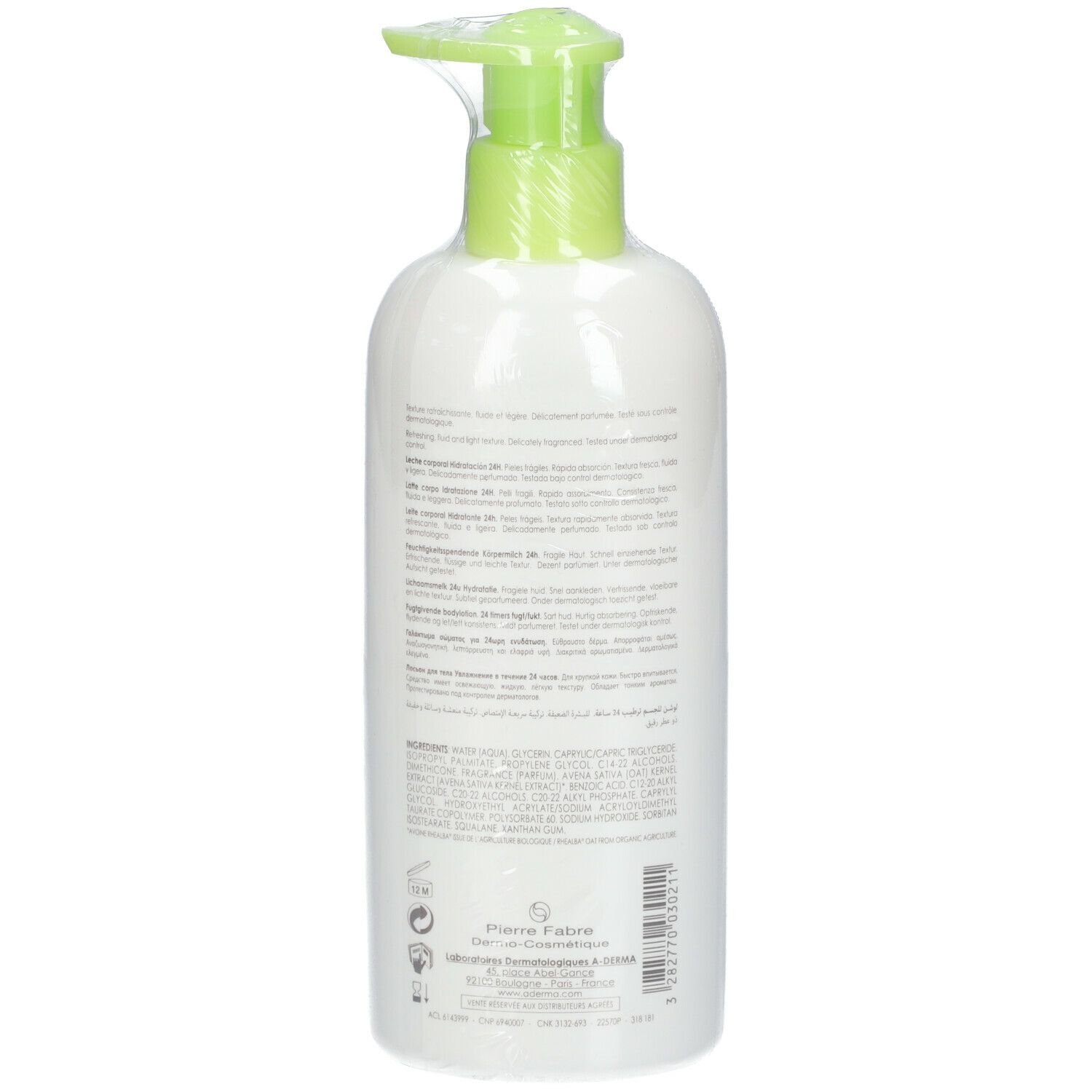 Rückseite der weißen Flasche mit Text in Plastikfolie. Grüner Pumpkopf. Produktinformationen.