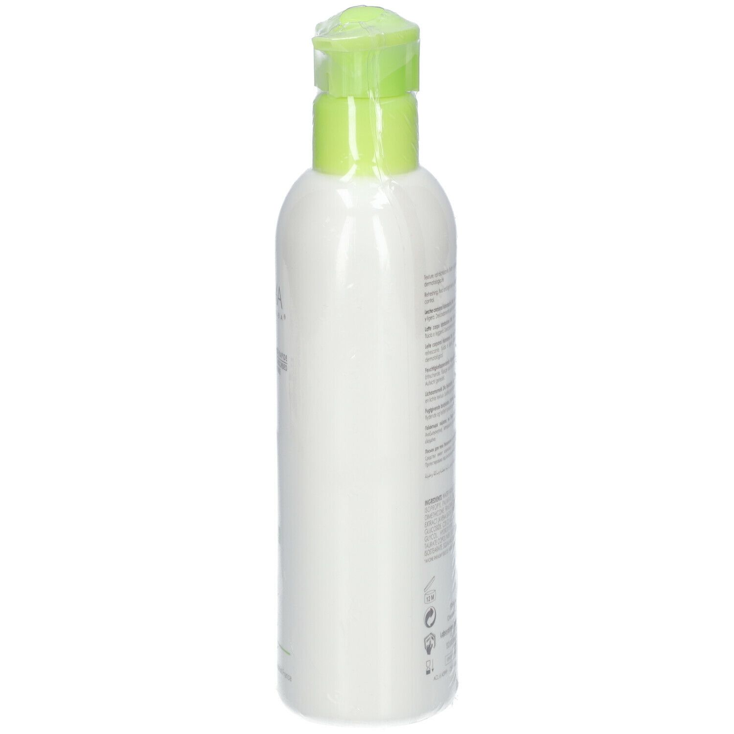 Seitenansicht der weißen Flasche mit grünem Pumpkopf in Plastikfolie. Text und Produktinformationen.