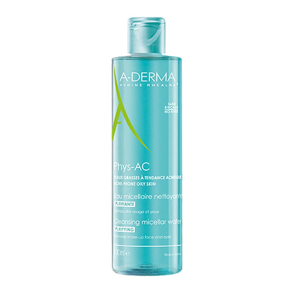 A-Derma Phys-AC Hydra Mizellenwasser. Türkis-transparente Flasche mit blauem Deckel. Produktbeschriftung und Logo.