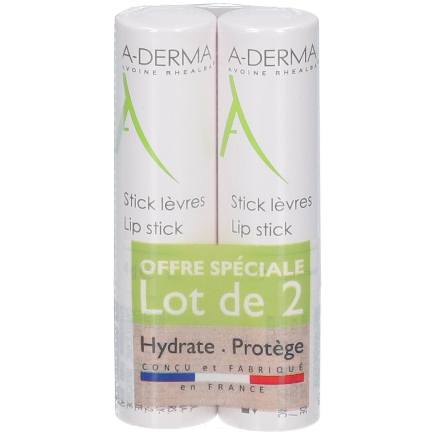 Zwei Lippenpflegestifte in weißer Verpackung. Aufdruck: A-DERMA, Stick lèvres, Lip stick. Grün-rosa Etikett: Offre Spéciale, Lot de 2.