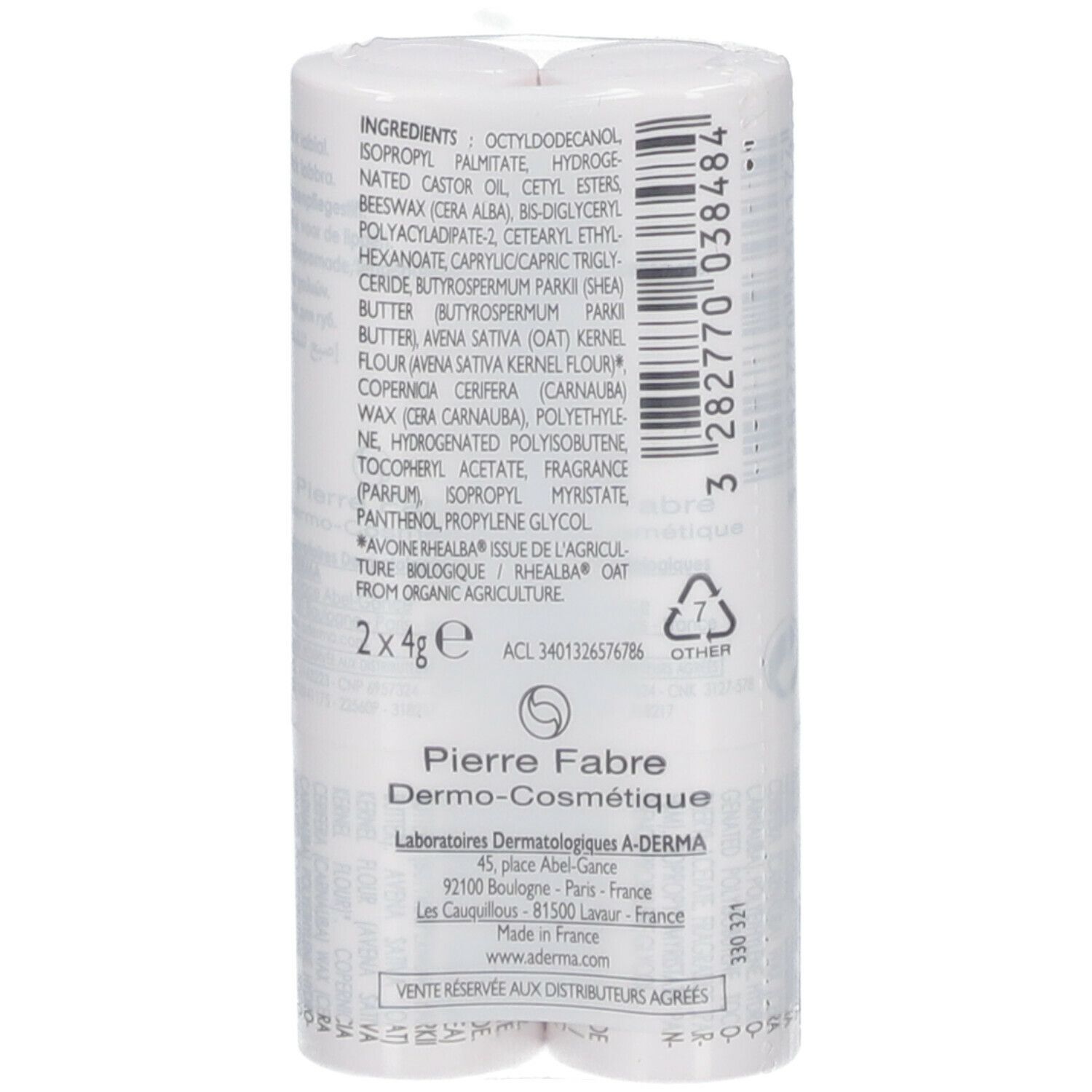 Rückseite von zwei Lippenpflegestiften. Aufdruck: Inhaltsstoffe, Pierre Fabre Dermo-Cosmétique, A-DERMA. Recycling-Symbol.