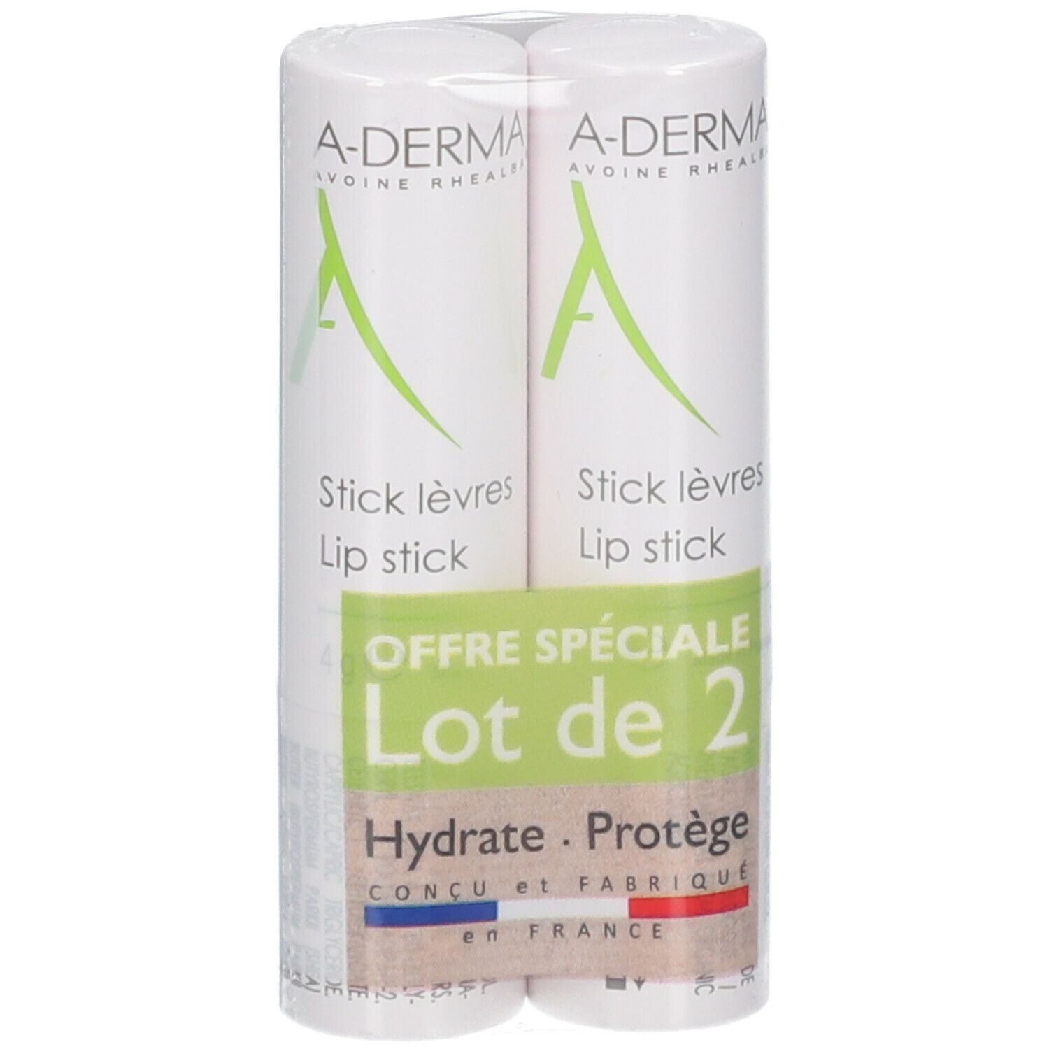 Zwei Lippenpflegestifte in weißer Verpackung. Aufdruck: A-DERMA, Stick lèvres, Lip stick. Grün-rosa Etikett: Offre Spéciale, Lot de 2.