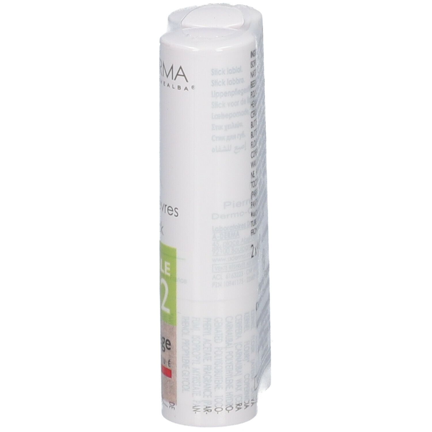 Ein Lippenpflegestift in weißer Verpackung. Aufdruck: A-DERMA, Stick lèvres, Lip stick. Grün-rosa Etikett: Offre Spéciale, Lot de 2.