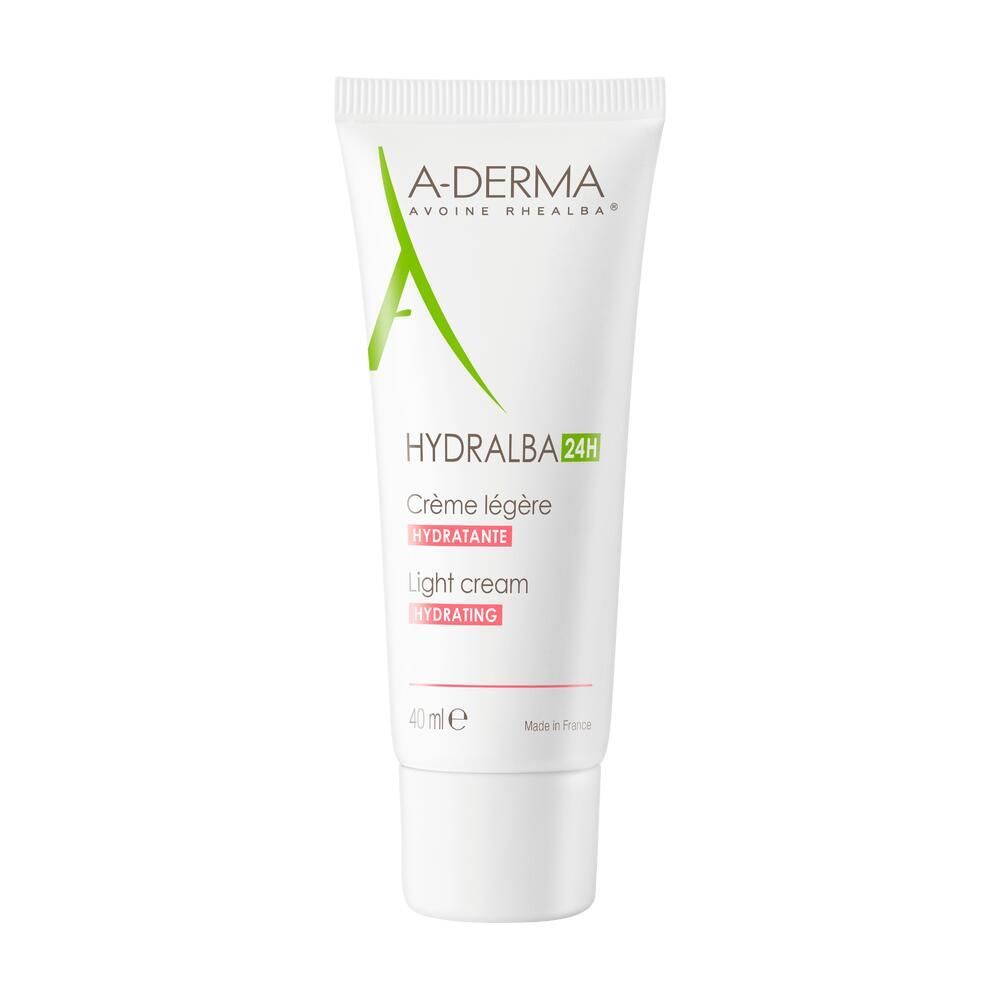 Weiße Tube mit grüner und roter Beschriftung. A-Derma und Hydralba Schriftzug. Creme légère, Light cream. 40 ml.