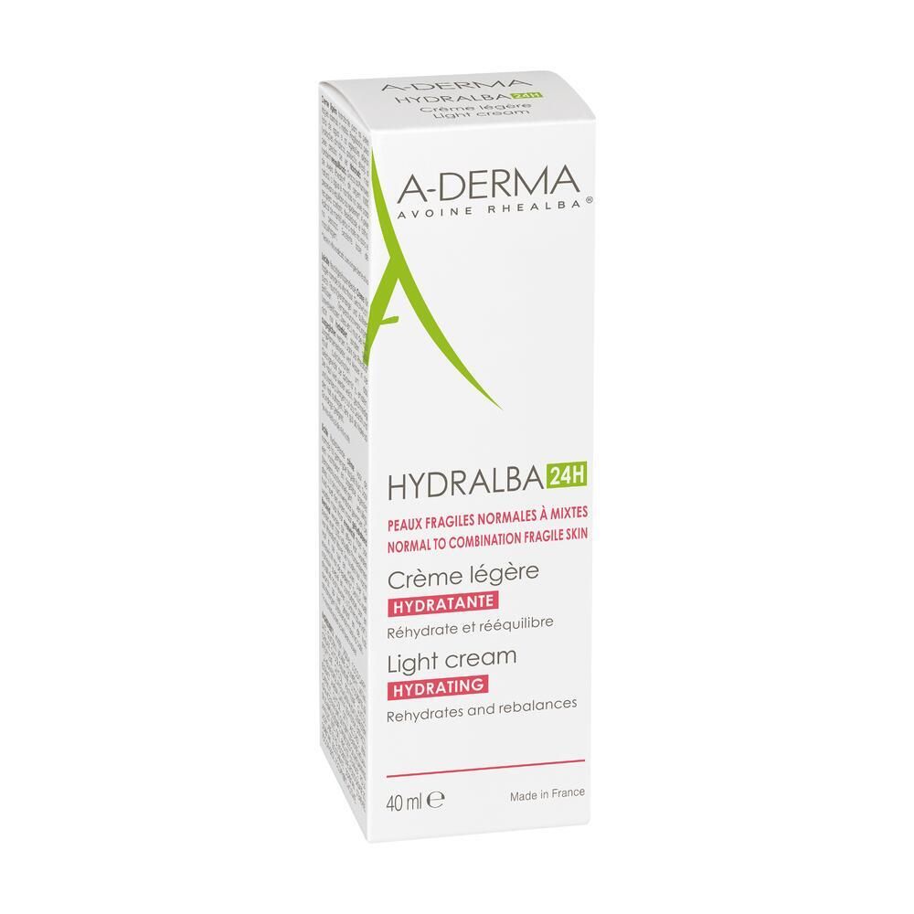 Kartonverpackung mit A-Derma und Hydralba Schriftzug. Creme légère, Light cream. 40 ml. Für normale bis Mischhaut.