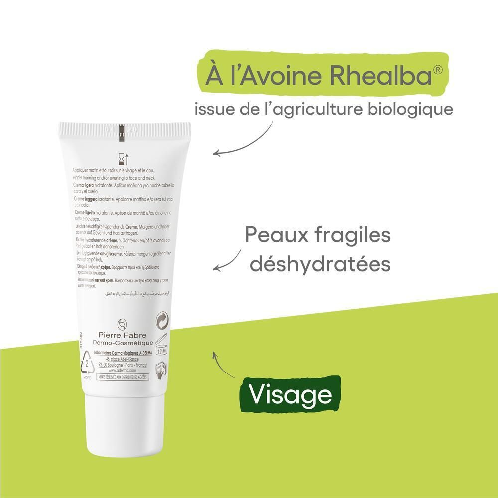 Rückseite der Tube mit Text und Pfeilen. Text: À l'Avoine Rhealba, Visage, Peaux fragiles déshydratées.