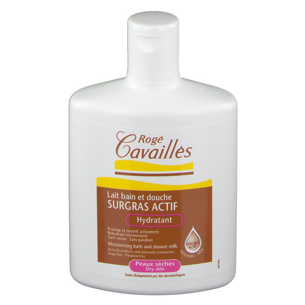 Flacon blanc Rogé Cavaillès. Inscription: Lait bain et douche surgras actif hydratant. Pour peaux sèches. Sans savon.