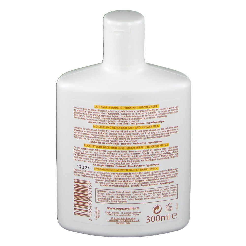 Dos du flacon blanc. Texte multilingue. Produit pour peaux sèches. 300ml. Ingrédients.