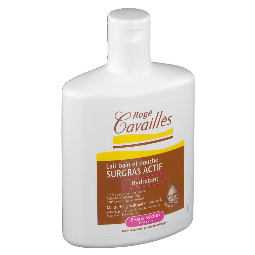 Flacon blanc Rogé Cavaillès. Inscription: Lait bain et douche surgras actif hydratant. Pour peaux sèches. Sans savon.
