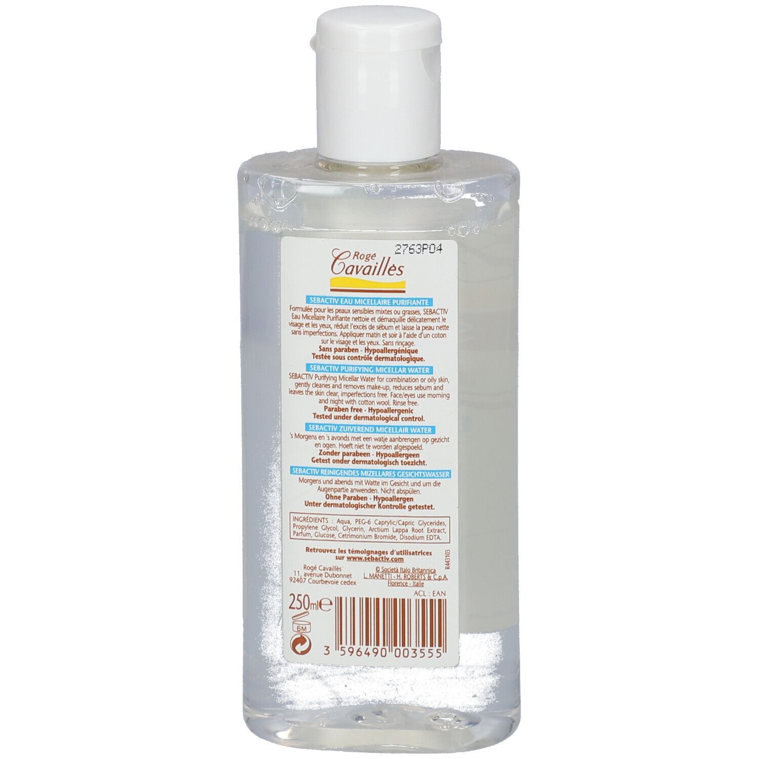 Dos d'un flacon transparent avec bouchon blanc. Étiquette avec informations et code-barres. Inscription: Rogé Cavaillès, 250e.
