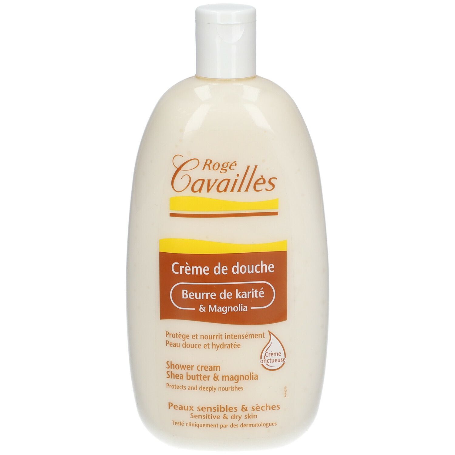 Creme-Dusche-Flasche. Rogé Cavaillès-Logo. Text: Crème de douche, Beurre de karité & Magnolia. Für empfindliche Haut. Weiße Flasche mit Klappverschluss.