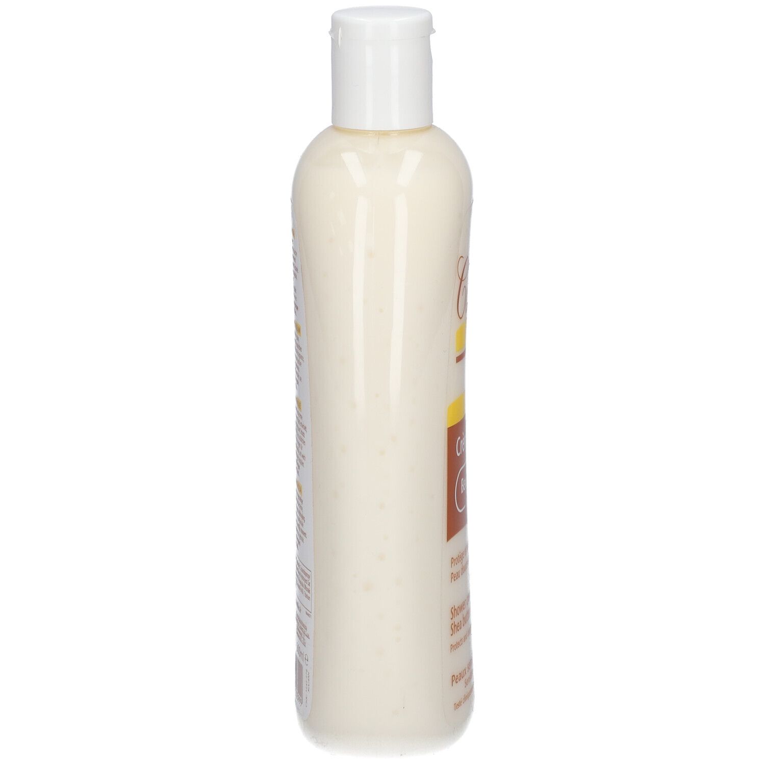 Seitenansicht der Creme-Dusche-Flasche. Weißer Kunststoffbehälter mit Klappverschluss. Text auf der Flasche. Produkt für empfindliche Haut.