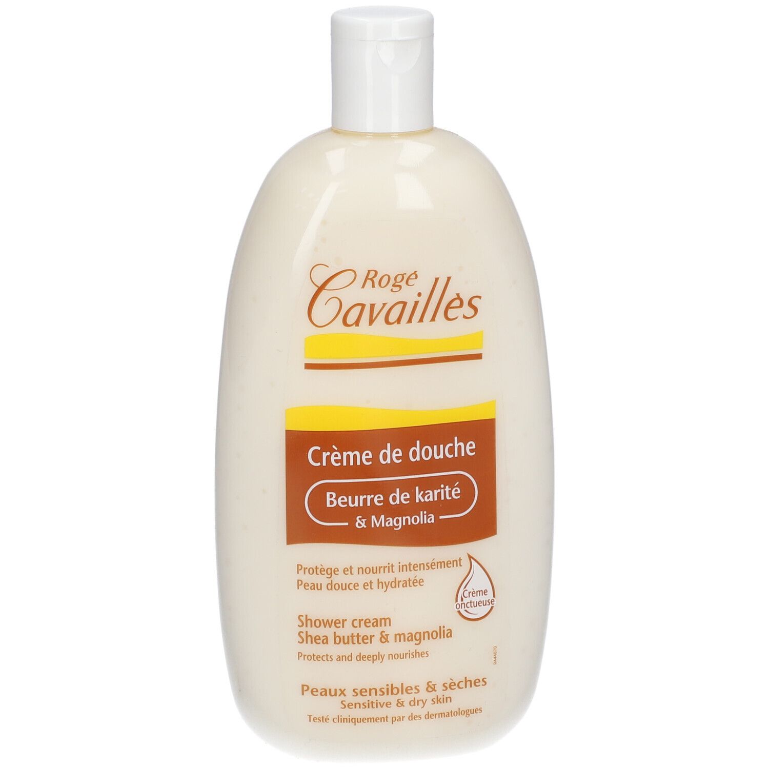 Creme-Dusche-Flasche. Rogé Cavaillès-Logo. Text: Crème de douche, Beurre de karité & Magnolia. Für empfindliche Haut. Weiße Flasche mit Klappverschluss.