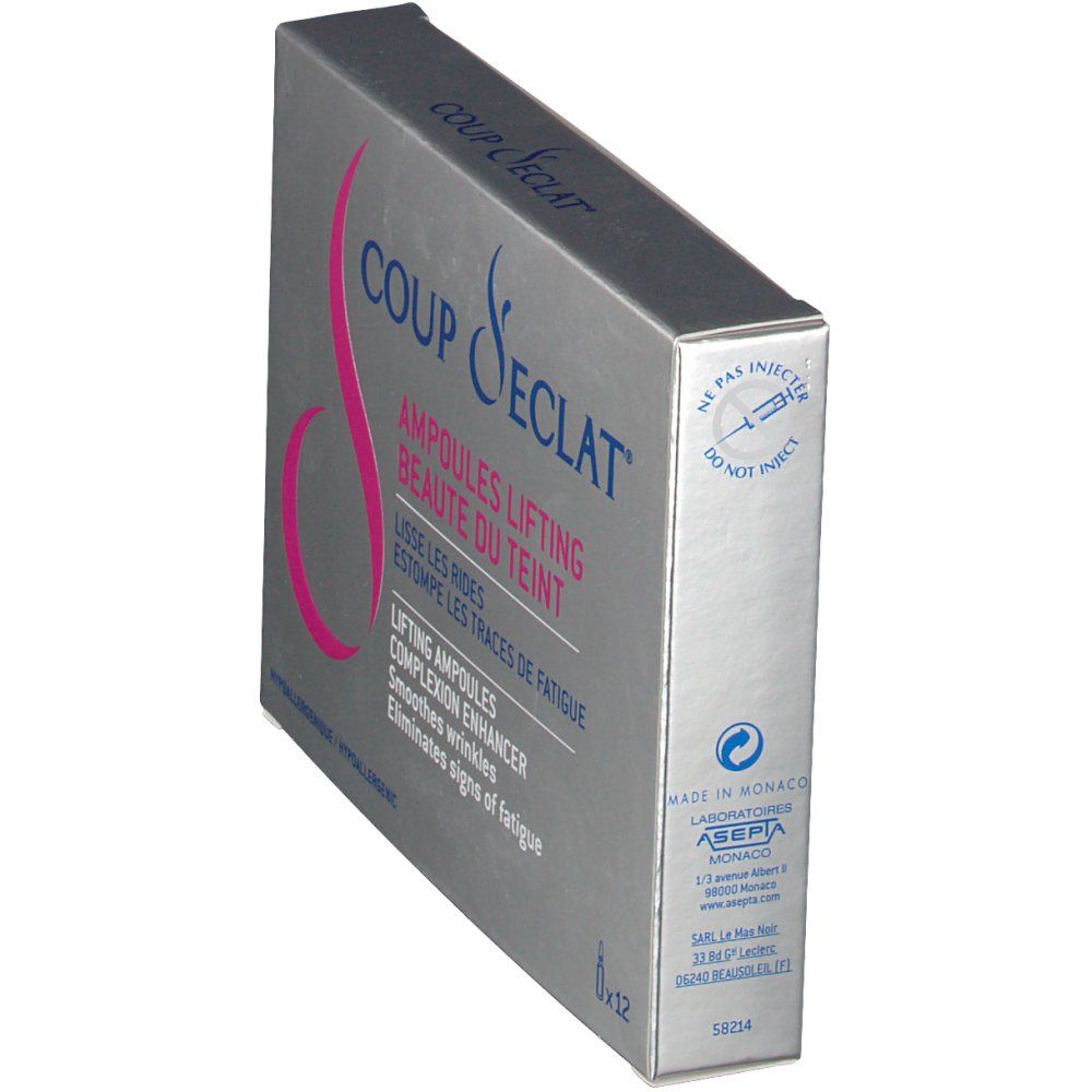 Boîte Coup d'éclat® en biais, argentée, logo rose. Contient 12 ampoules lifting.