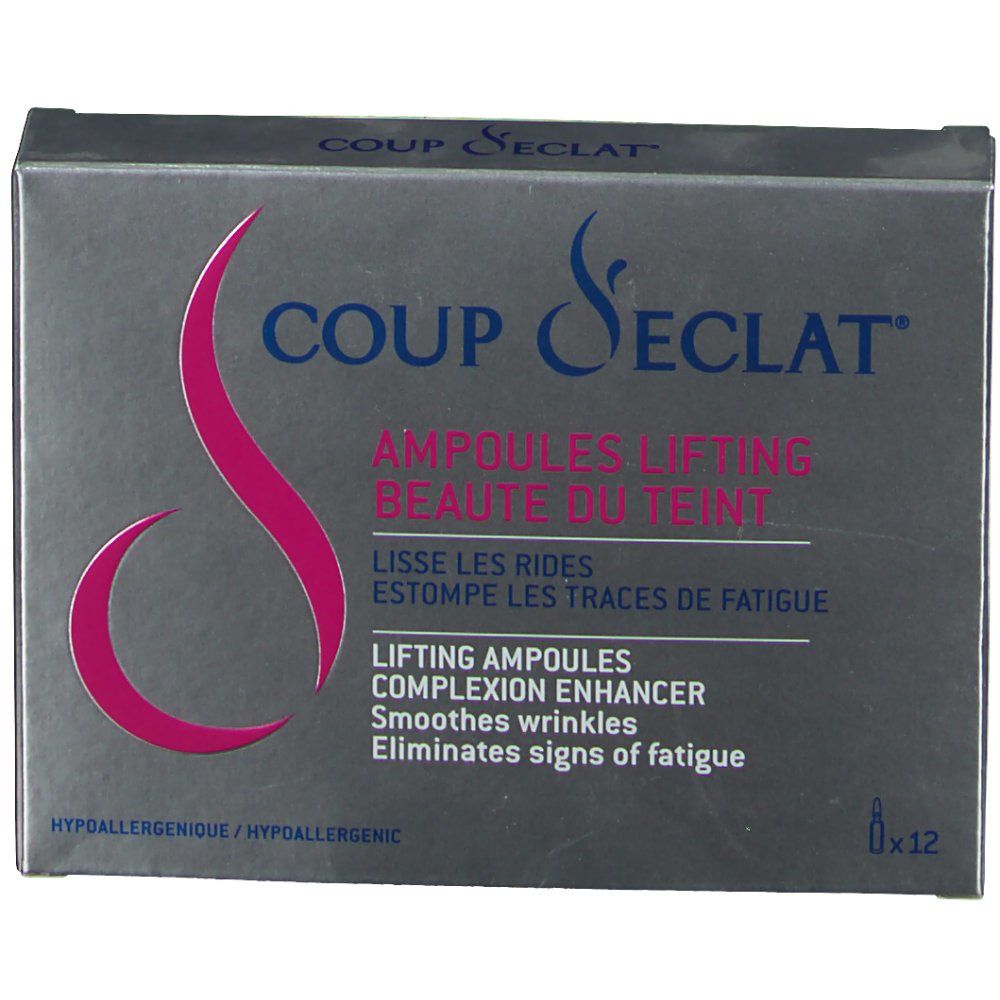 Boîte Coup d'éclat® argentée, logo rose. Contient 12 ampoules lifting.