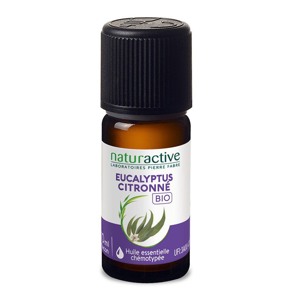 Flacon en verre brun, bouchon noir, étiquette. Nom du produit: Eucalyptus Citronné. Certification BIO.