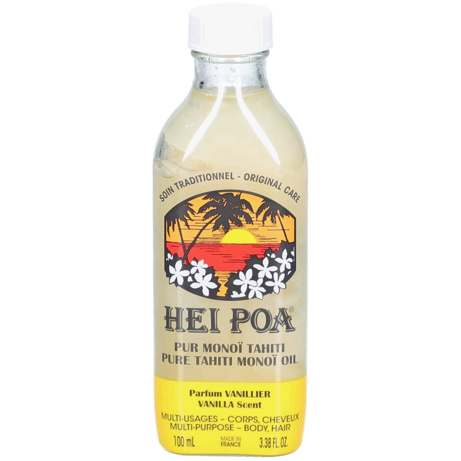 Flacon d'huile HEI POA® Vanille. Étiquette jaune avec logo et texte. Flacon transparent avec bouchon blanc.